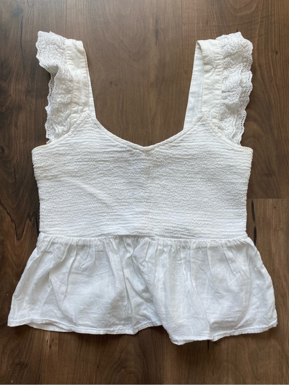 White Lace-Trim Smocked Peplum Tank Top - Women